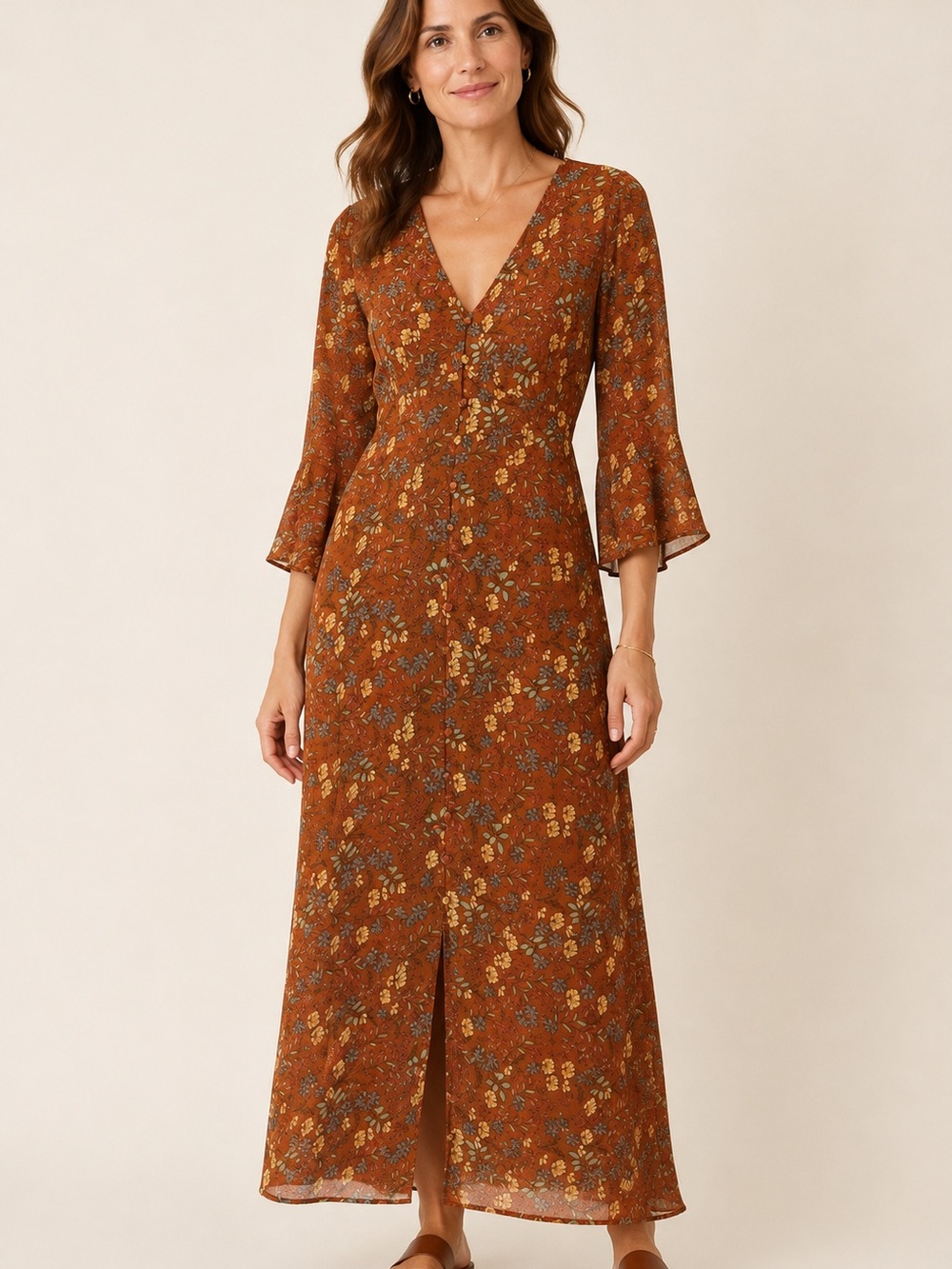 Autumn Floral V-Neck Maxi Dress
